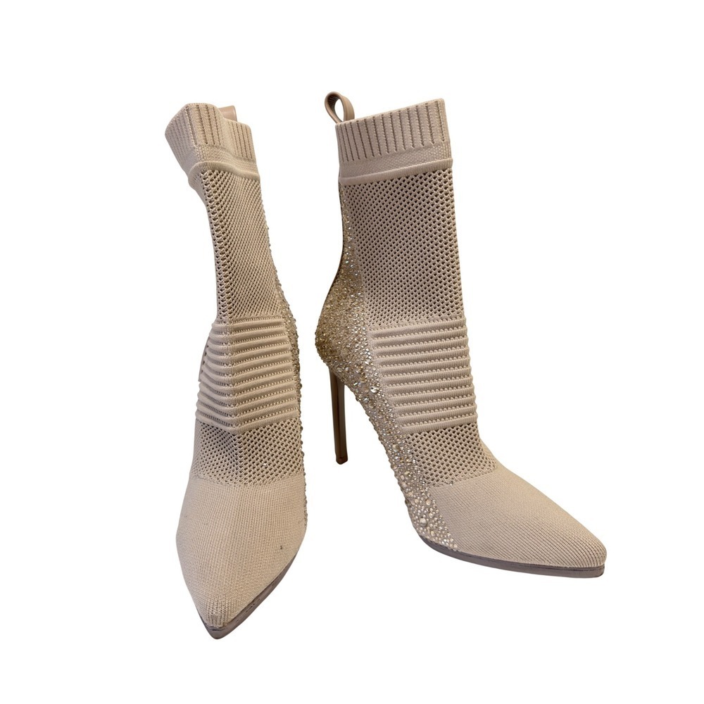 Steve Madden Maxwelle Rhinestone Sock Boots Beige Knit Stiletto Pointed Toe 7.5M - Picture 3 of 11